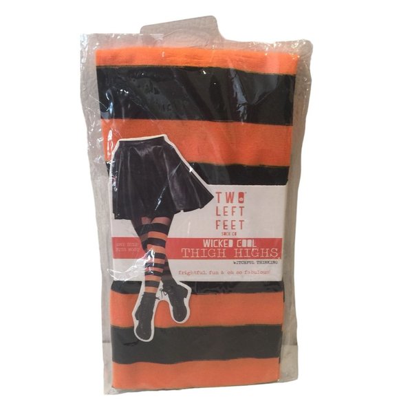 TWO LEFT FEET Sock Co WICKED COOL Witchful Thinking Thigh Highs Orange Black - Picture 1 of 2
